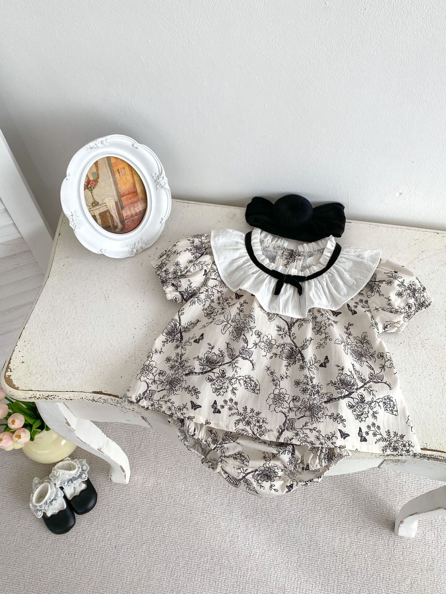 Summer Baby Kids Girls Ink Splatter Floral Pattern Short-Sleeved Top And Diaper Cover Pants – Set-1